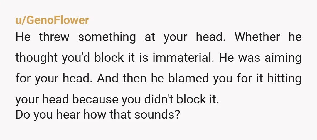 u/GenoFlower He threw something at your head. Whether he thought you'd block it is immaterial. He was aiming for your head. And then he blamed you for it hitting your...