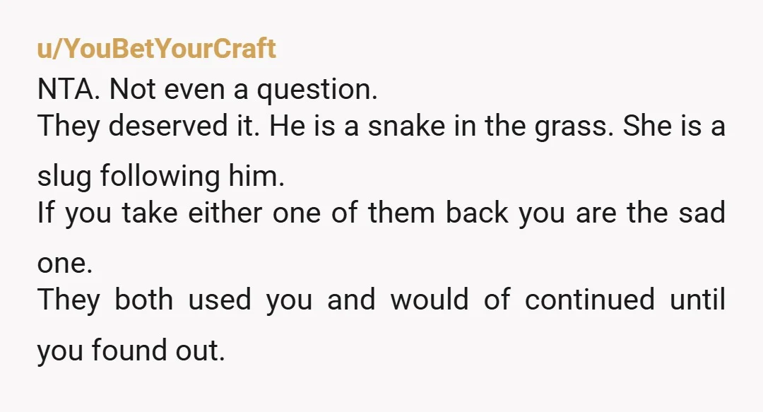 u/YouBetYourCraft NTA. Not even a question. They deserved it. He is a snake in the grass. She is a slug following him. If you take either one of them back...