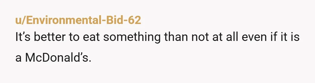 u/Environmental-Bid-62
It’s better to eat something than not at all even if it is a McDonald’s.