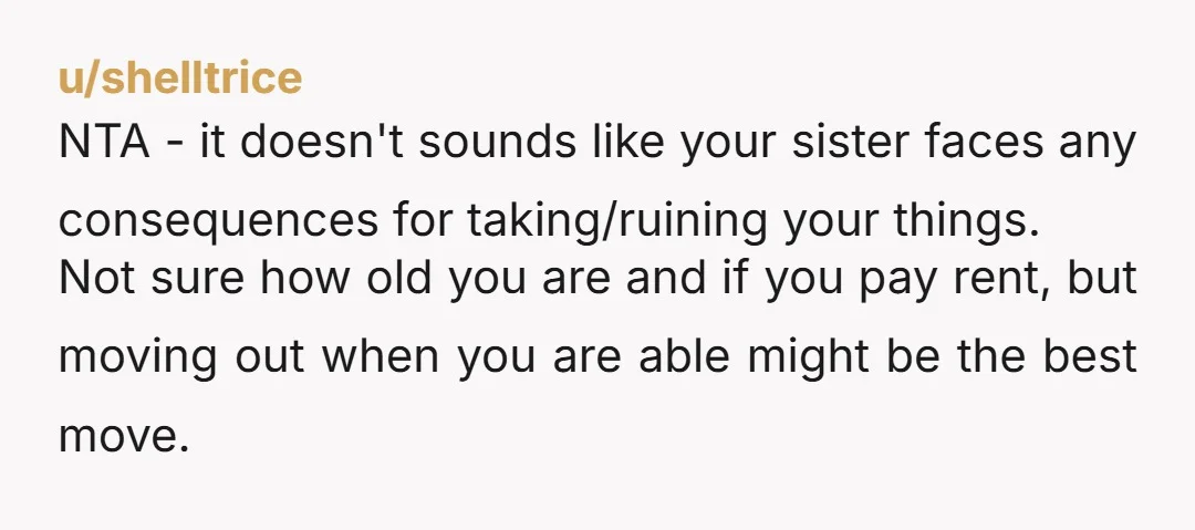 u/shelltrice NTA - it doesn't sounds like your sister faces any consequences for taking/ruining your things. Not sure how old you are and if you pay rent, but moving out...