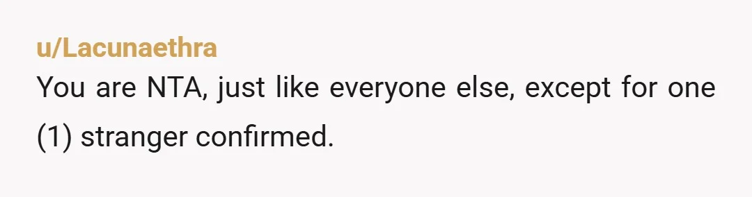 u/Lacunaethra
You are NTA, just like everyone else, except for one (1) stranger confirmed.