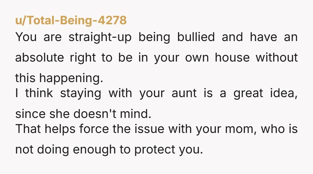 u/Total-Being-4278 You are straight-up being bullied and have an absolute right to be in your own house without this happening. I think staying with your aunt is a great idea,...
