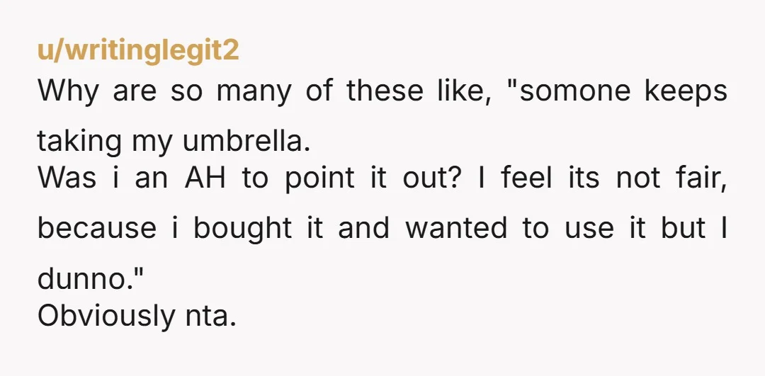 u/writinglegit2 Why are so many of these like, "somone keeps taking my umbrella. Was i an AH to point it out? I feel its not fair, because i bought it...