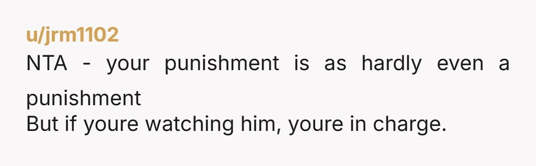 u/jrm1102 NTA - your punishment is as hardly even a punishment But if youre watching him, youre in charge.