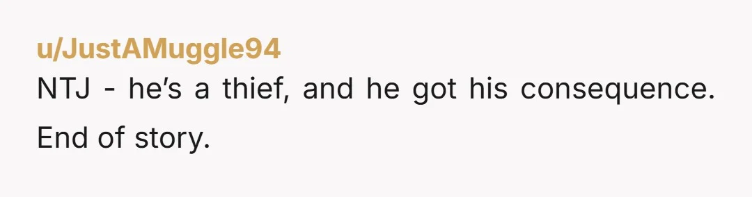 u/JustAMuggle94 NTJ - he’s a thief, and he got his consequence. End of story.