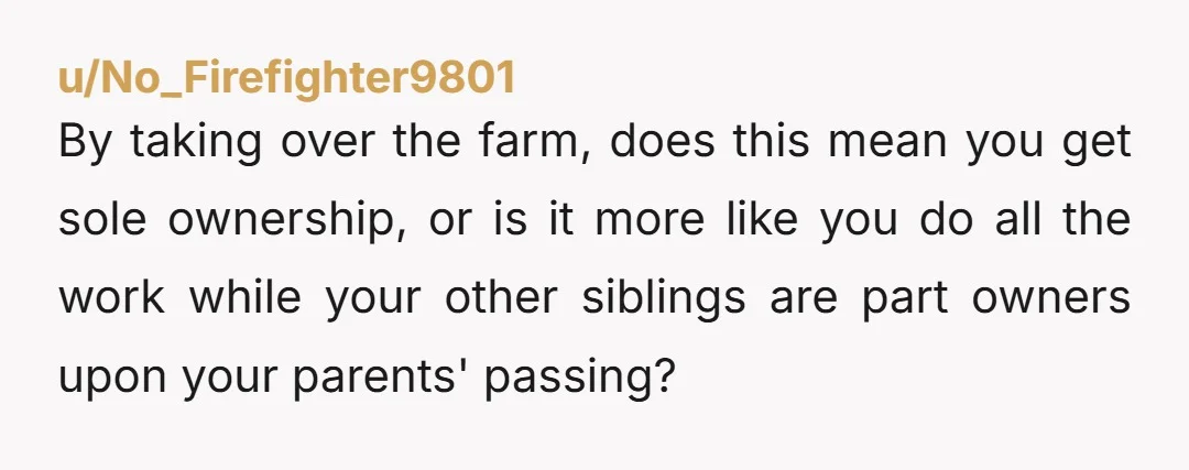 u/No_Firefighter9801 By taking over the farm, does this mean you get sole ownership, or is it more like you do all the work while your other siblings are part owners...