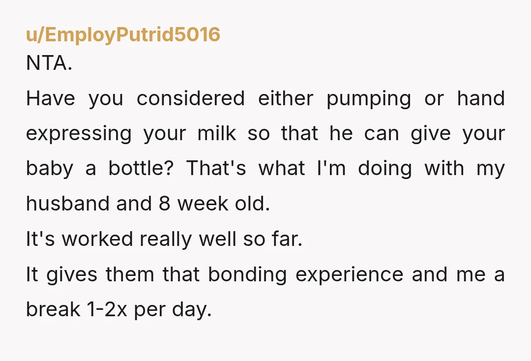 u/EmployPutrid5016 NTA. Have you considered either pumping or hand expressing your milk so that he can give your baby a bottle? That's what I'm doing with my husband and 8...