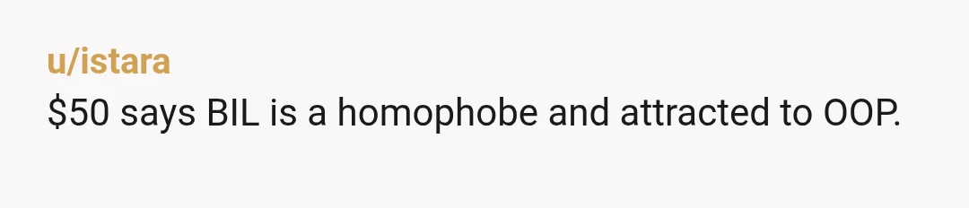 u/istara
$50 says BIL is a homophobe and attracted to OOP.