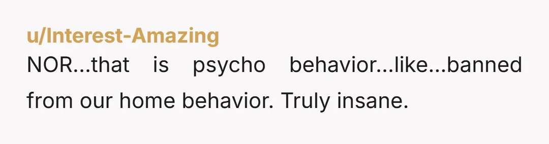 u/Interest-Amazing
NOR...that is psycho behavior...like...banned from our home behavior. Truly insane.