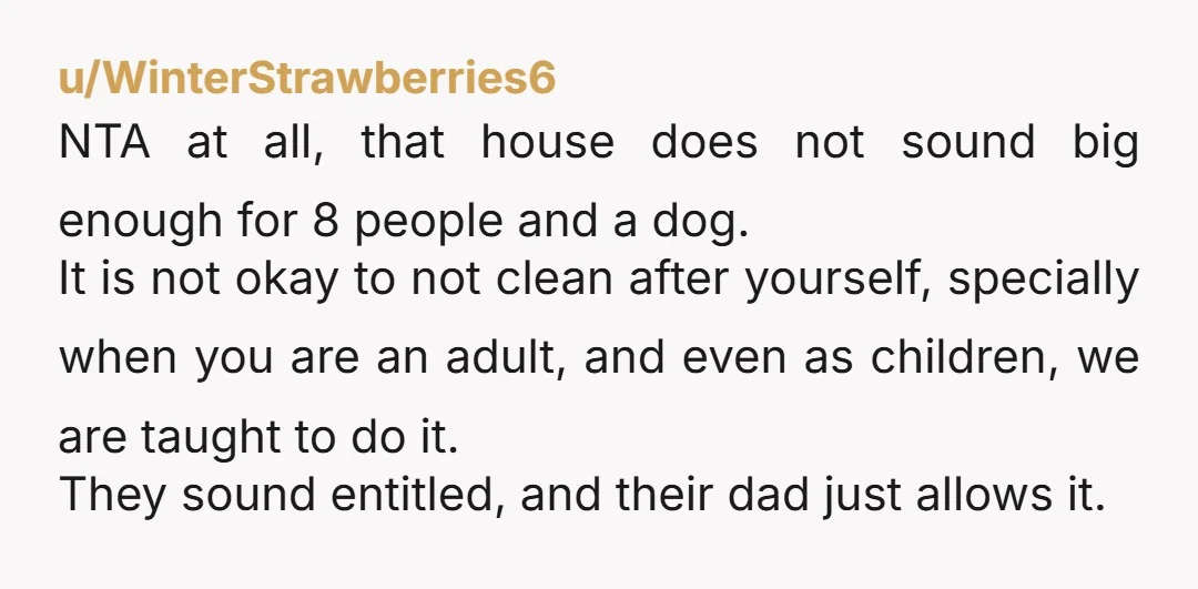 u/WinterStrawberries6 NTA at all, that house does not sound big enough for 8 people and a dog. It is not okay to not clean after yourself, specially when you are...