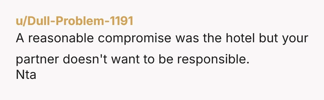 u/Dull-Problem-1191
A reasonable compromise was the hotel but your partner doesn't want to be responsible.
Nta