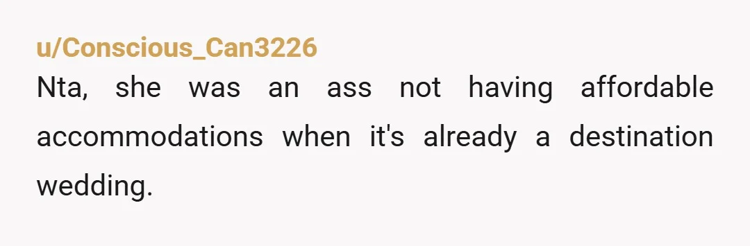 u/Conscious_Can3226
Nta, she was an ass not having affordable accommodations when it's already a destination wedding.