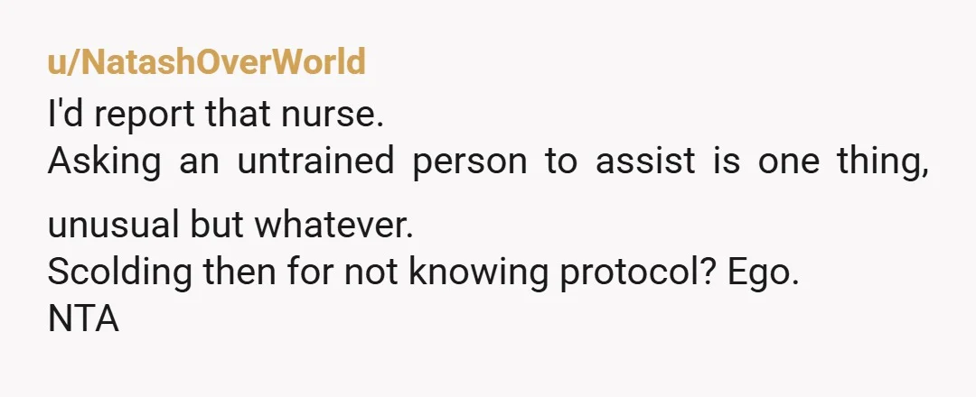 u/NatashOverWorld
I'd report that nurse.
Asking an untrained person to assist is one thing, unusual but whatever.
Scolding then for not knowing protocol? Ego.
NTA