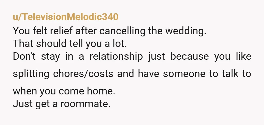 u/TelevisionMelodic340 You felt relief after cancelling the wedding. That should tell you a lot. Don't stay in a relationship just because you like splitting chores/costs and have someone to talk...