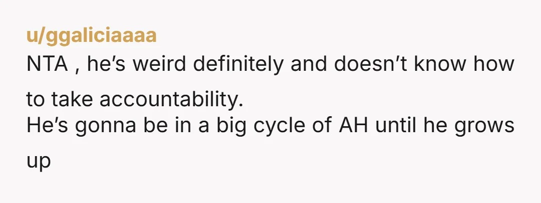 u/ggaliciaaaa NTA , he’s weird definitely and doesn’t know how to take accountability. He’s gonna be in a big cycle of AH until he grows up