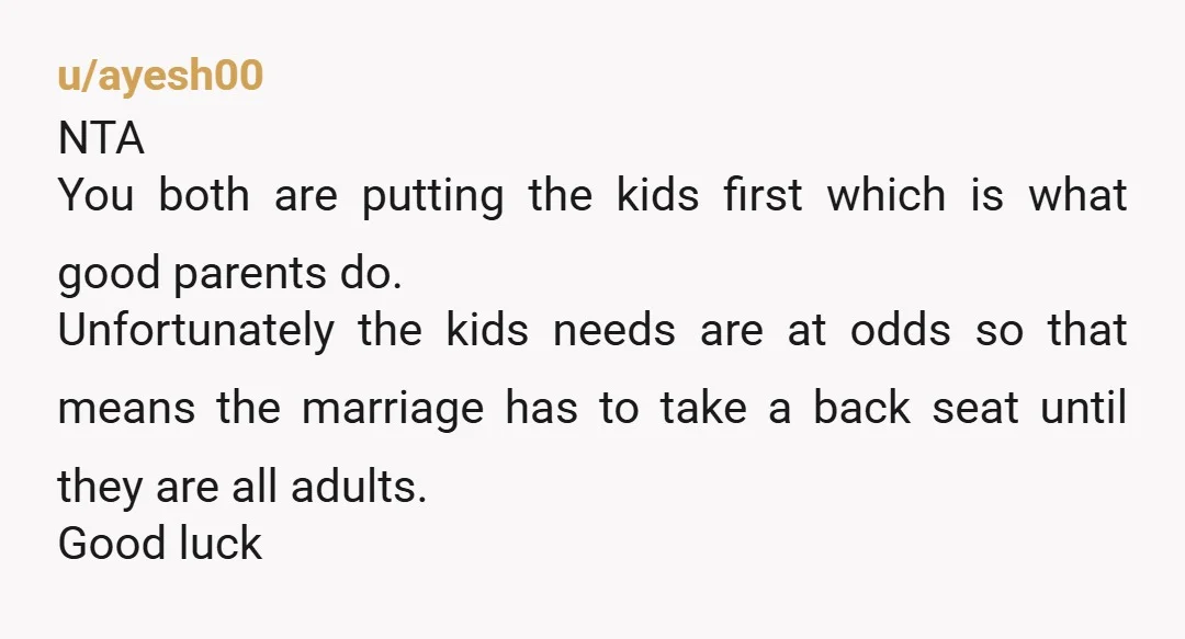 u/ayesh00 NTA You both are putting the kids first which is what good parents do. Unfortunately the kids needs are at odds so that means the marriage has to take...