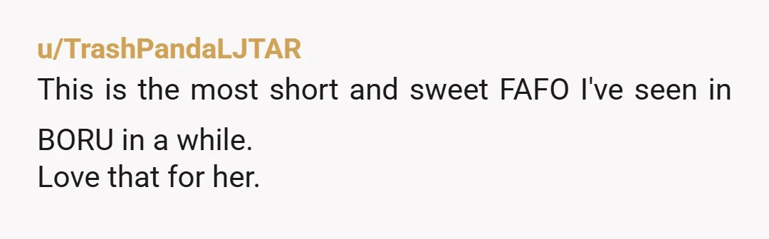 u/TrashPandaLJTAR
This is the most short and sweet FAFO I've seen in BORU in a while.
Love that for her.