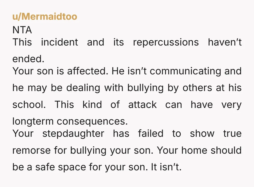 u/Mermaidtoo NTA This incident and its repercussions haven’t ended. Your son is affected. He isn’t communicating and he may be dealing with bullying by others at his school. This kind...