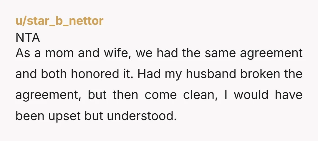u/star_b_nettor NTA As a mom and wife, we had the same agreement and both honored it. Had my husband broken the agreement, but then come clean, I would have been...