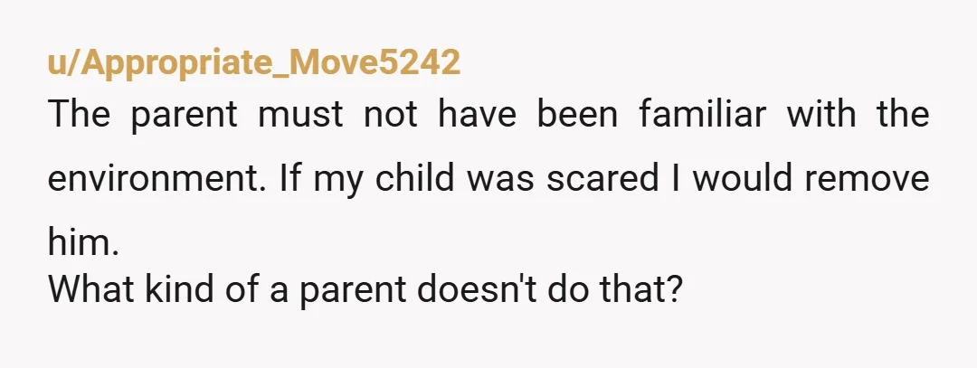 u/Appropriate_Move5242
The parent must not have been familiar with the environment. If my child was scared I would remove him.
What kind of a parent doesn't do that?
