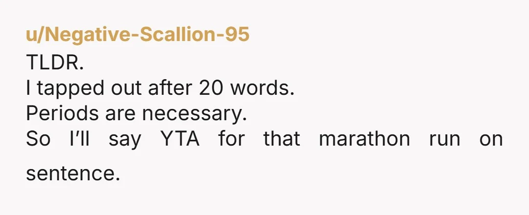 u/Negative-Scallion-95 TLDR. I tapped out after 20 words. Periods are necessary. So I’ll say YTA for that marathon run on sentence.