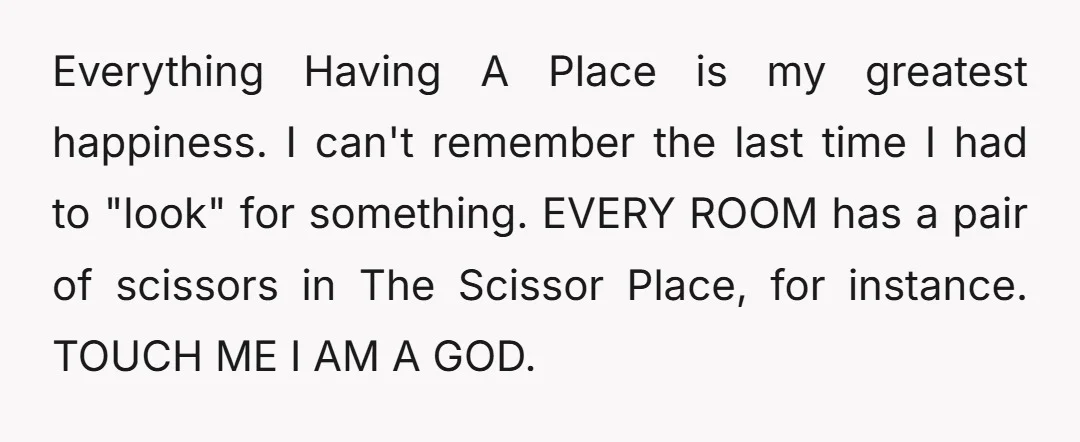 Everything Having A Place is my greatest happiness. I can't remember the last time I had to "look" for something. EVERY ROOM has a pair of scissors in The Scissor...