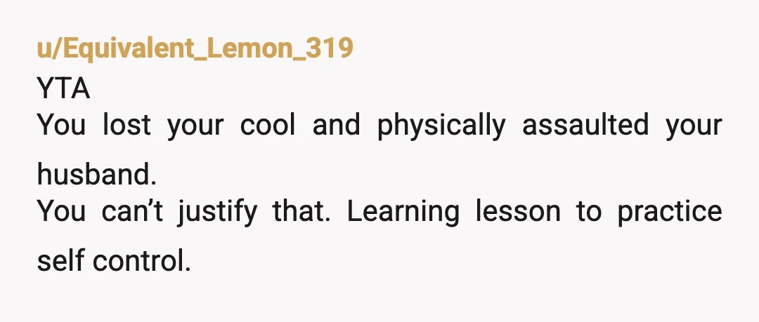 u/Equivalent_Lemon_319
YTA
You lost your cool and physically assaulted your husband.
You can’t justify that. Learning lesson to practice self control.