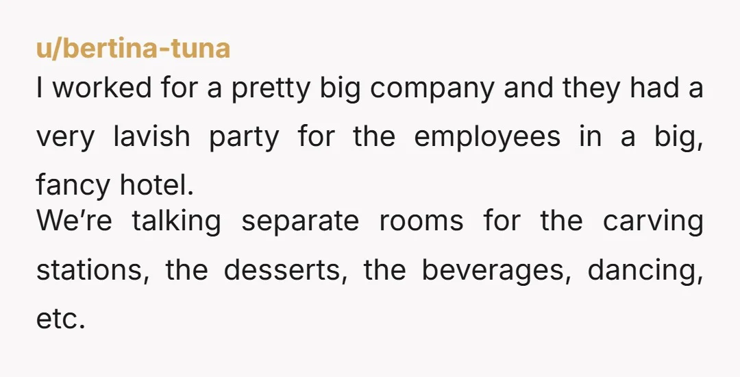 u/bertina-tuna I worked for a pretty big company and they had a very lavish party for the employees in a big, fancy hotel. We’re talking separate rooms for the carving...