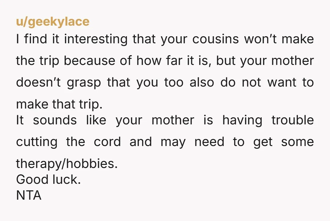 u/geekylace I find it interesting that your cousins won’t make the trip because of how far it is, but your mother doesn’t grasp that you too also do not want...
