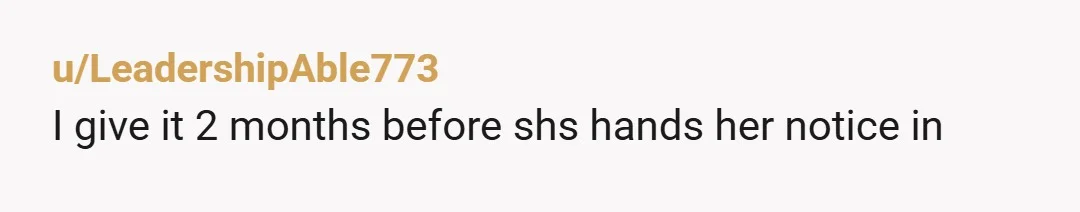 u/LeadershipAble773
I give it 2 months before shs hands her notice in
