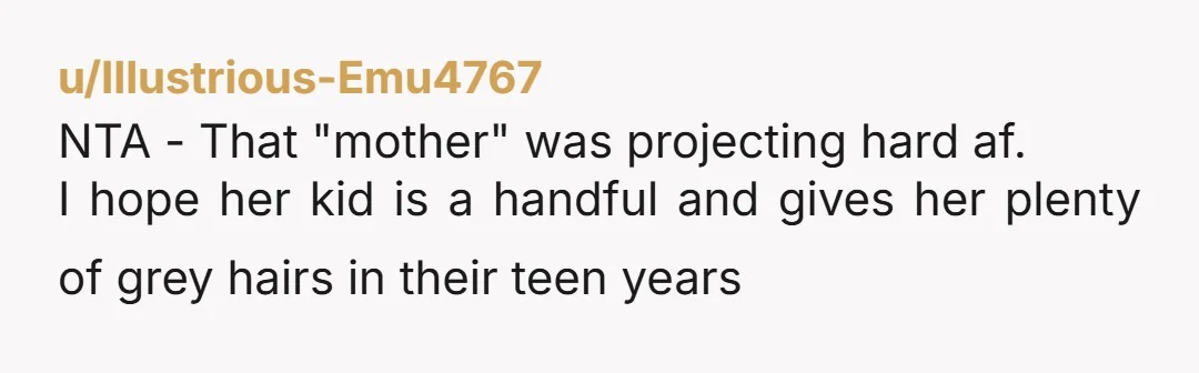 u/Illustrious-Emu4767
NTA - That "mother" was projecting hard af.
I hope her kid is a handful and gives her plenty of grey hairs in their teen years