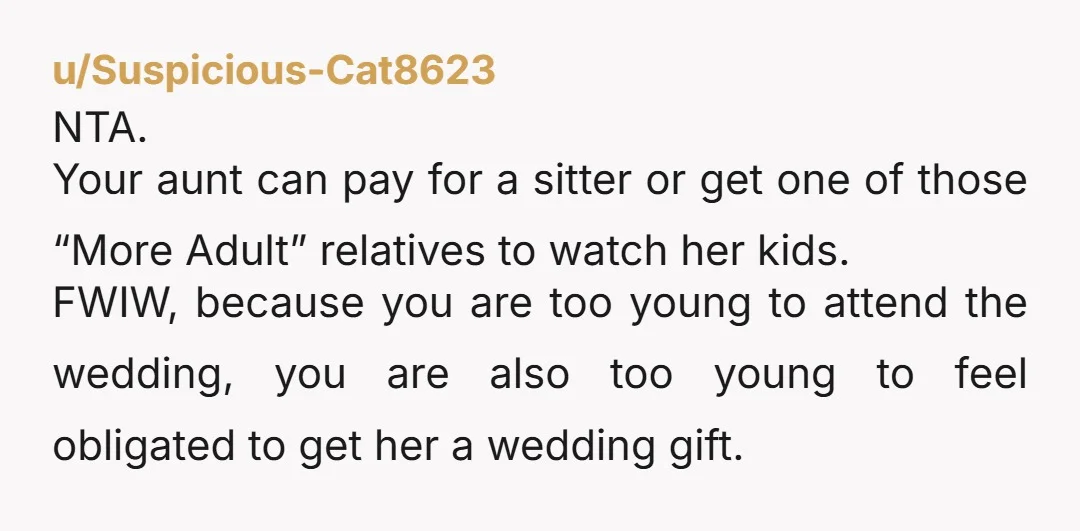 u/Alarmed-Sky-5869 NTA!! As a fellow older teen, I dislike babysitting and I would never be okay with doing it for A FEW DAYS, that’s insane. Especially considering your aunt isnt...