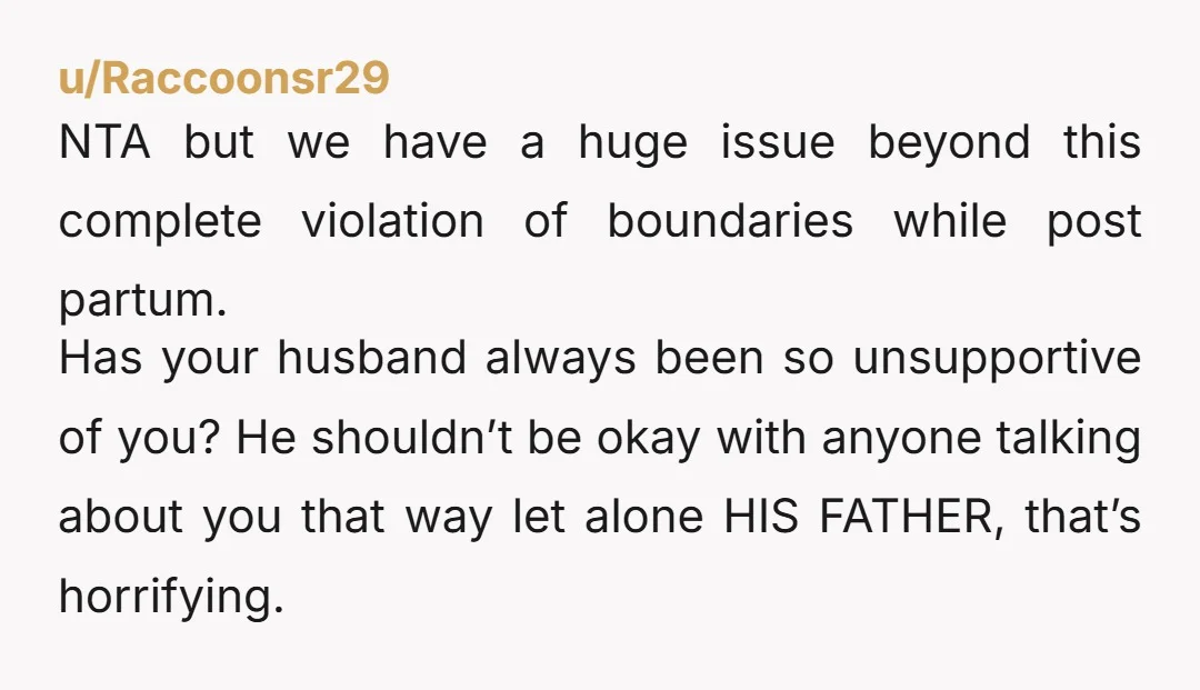 u/Raccoonsr29 NTA but we have a huge issue beyond this complete violation of boundaries while post partum. Has your husband always been so unsupportive of you? He shouldn’t be okay...