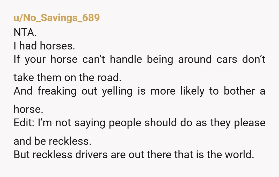 u/No_Savings_689 NTA. I had horses. If your horse can’t handle being around cars don’t take them on the road. And freaking out yelling is more likely to bother a horse....