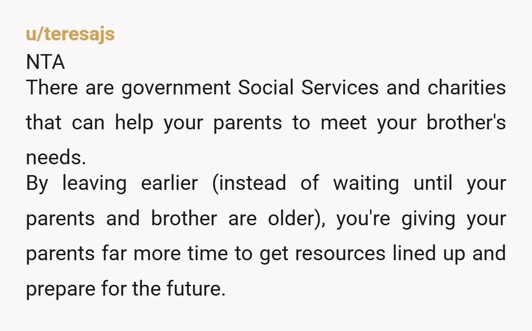 u/teresajs NTA There are government Social Services and charities that can help your parents to meet your brother's needs.   By leaving earlier (instead of waiting until your parents and brother...