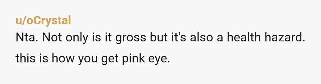 u/oCrystal Nta. Not only is it gross but it's also a health hazard. this is how you get pink eye. 