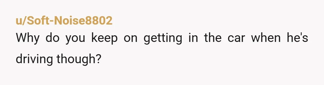 u/Soft-Noise8802 Why do you keep on getting in the car when he's driving though?