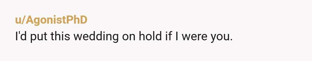 u/AgonistPhD
I'd put this wedding on hold if I were you.
