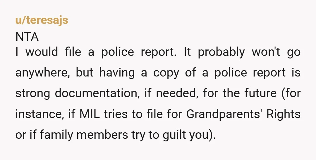 u/teresajs NTA I would file a police report.  It probably won't go anywhere, but having a copy of a police report is strong documentation, if needed, for the future (for...
