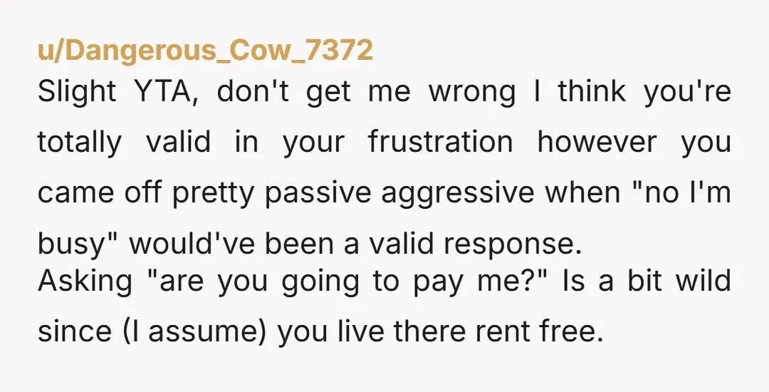 u/Dangerous_Cow_7372 Slight YTA, don't get me wrong I think you're totally valid in your frustration however you came off pretty passive aggressive when "no I'm busy" would've been a valid...