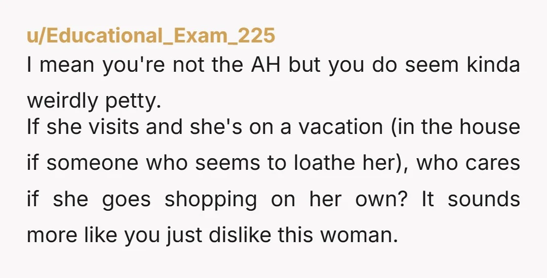 u/Educational_Exam_225 I mean you're not the AH but you do seem kinda weirdly petty. If she visits and she's on a vacation (in the house if someone who seems to...