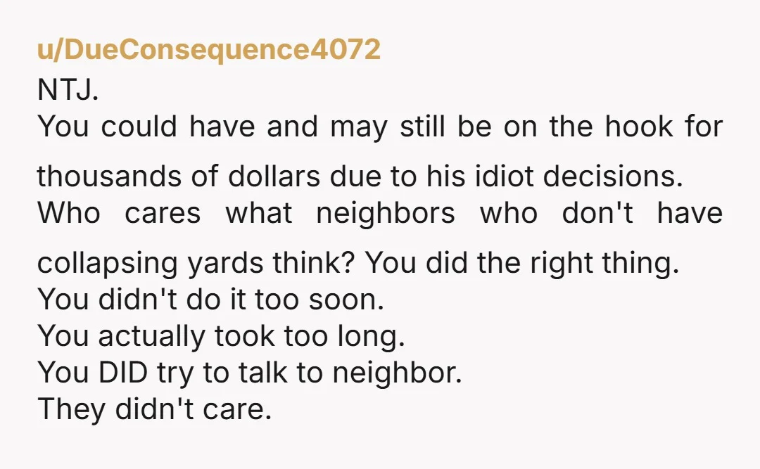 u/DueConsequence4072 NTJ. You could have and may still be on the hook for thousands of dollars due to his idiot decisions. Who cares what neighbors who don't have collapsing yards...
