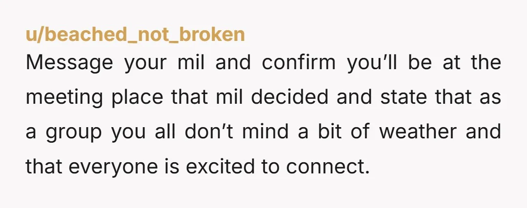 u/beached_not_broken Message your mil and confirm you’ll be at the meeting place that mil decided and state that as a group you all don’t mind a bit of weather and...