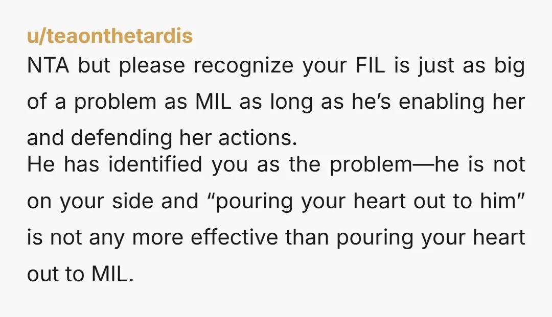 u/teaonthetardis NTA but please recognize your FIL is just as big of a problem as MIL as long as he’s enabling her and defending her actions. He has identified you...