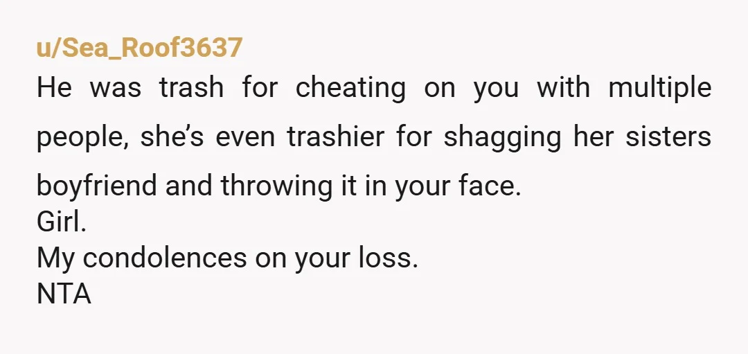 u/jessie783 NTA and your mum is delusional. There’s no going back from that and that’s entirely your sister’s fault. Bit weird she’s supporting a lying cheater if I was your...