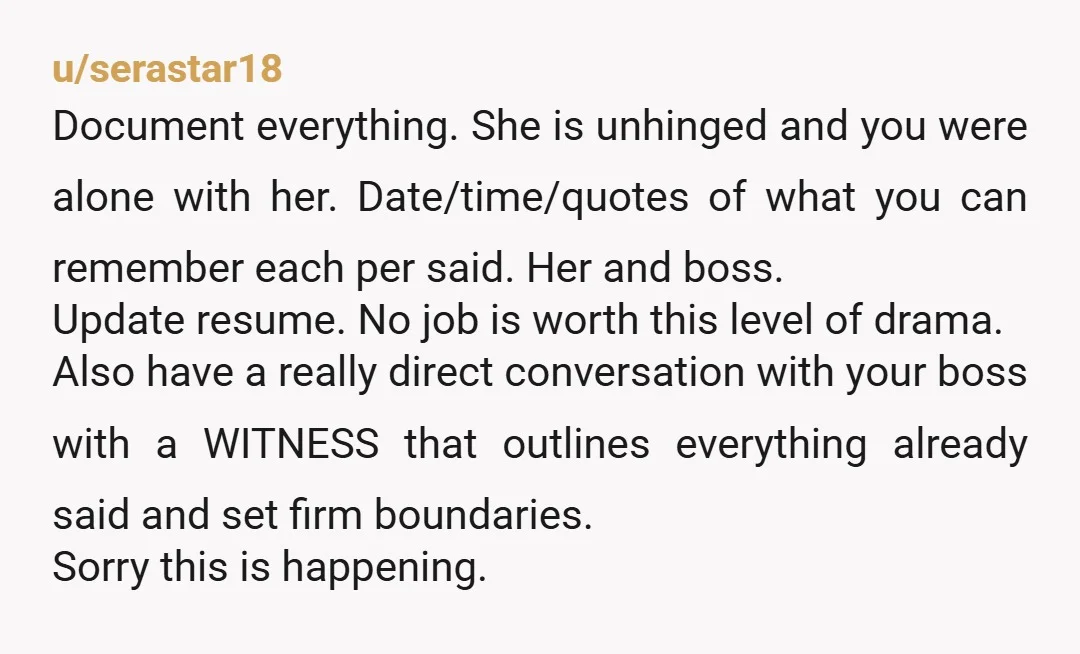u/serastar18 Document everything. She is unhinged and you were alone with her. Date/time/quotes of what you can remember each per said. Her and boss. Update resume. No job is worth...