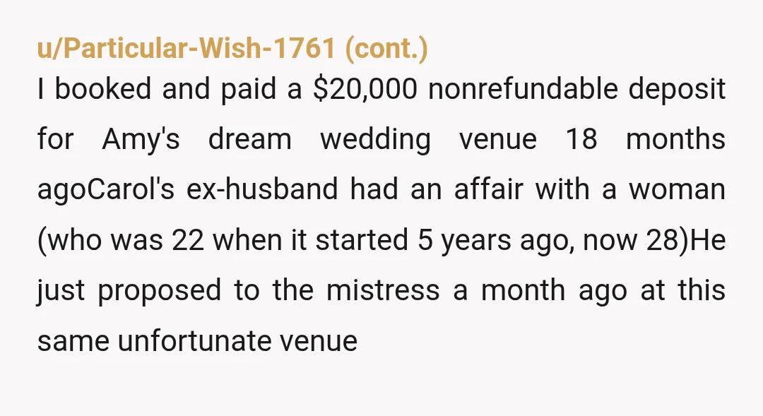 u/Fragrant-Hyena9522 NTA. The wedding is 18 months away. Carol needs to work on her mental health between now and then. When her ex has a baby at a local hospital,...