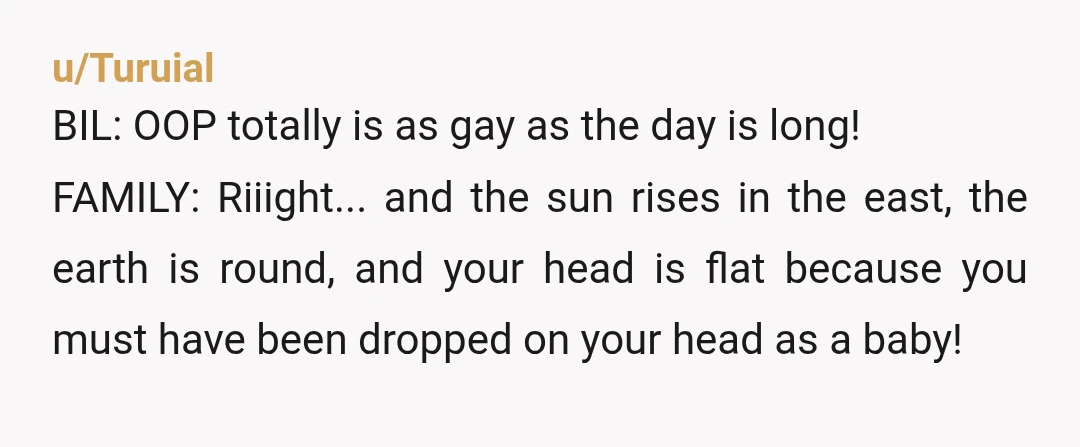 u/Turuial BIL: OOP totally is as gay as the day is long! FAMILY: Riiight... and the sun rises in the east, the earth is round, and your head is flat...