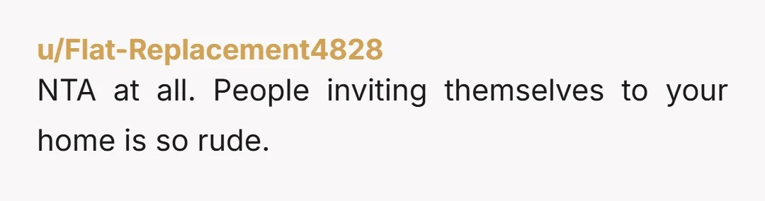 u/Flat-Replacement4828 NTA at all. People inviting themselves to your home is so rude.