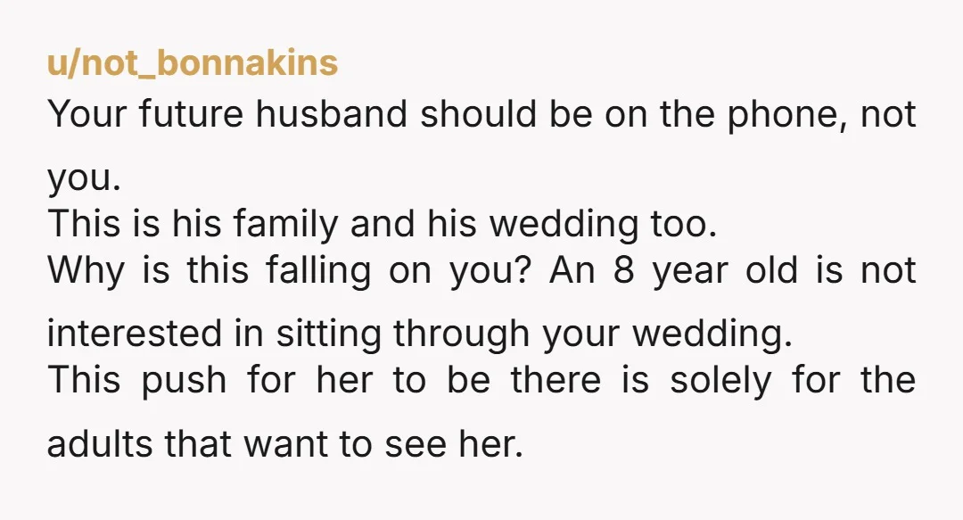 u/not_bonnakins Your future husband should be on the phone, not you. This is his family and his wedding too. Why is this falling on you? An 8 year old is...